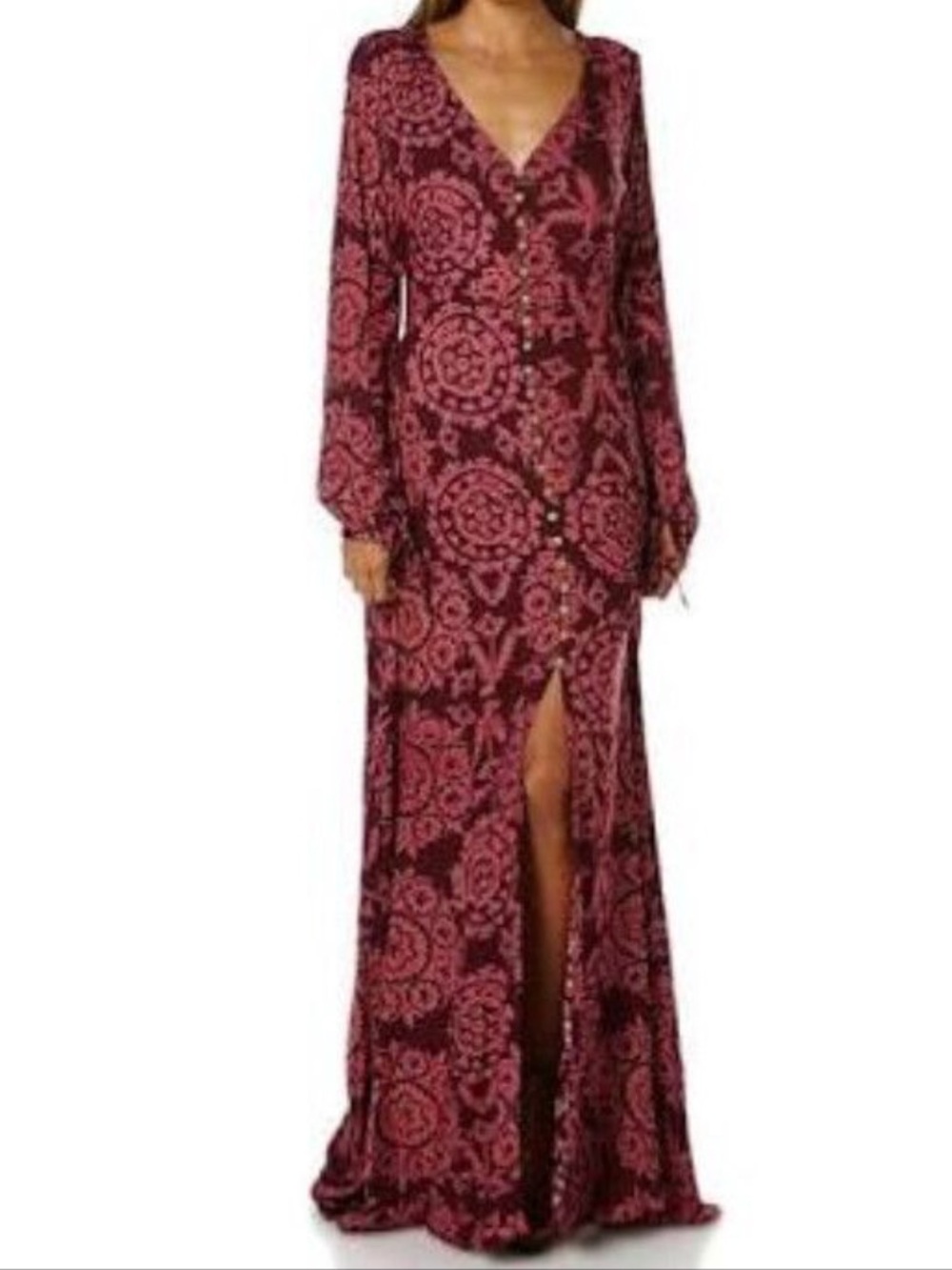 Tigerlily Burgundy and Pink Printed V-Neck Maxi Dress Size US 8 Boho Resortwear